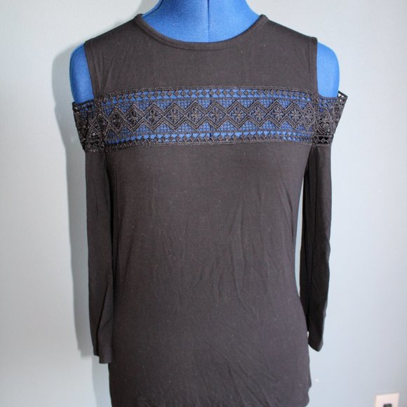 YYIGAL Women's Black Cold Shoulder Long Sleeve Blouse ~S~ - Picture 1 of 7